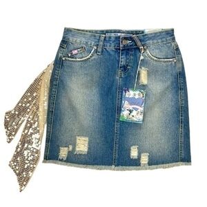 Mudd Denim Mini Skirt Womens Size 1 Cotton Distressed Medium Embellished Belt‎
